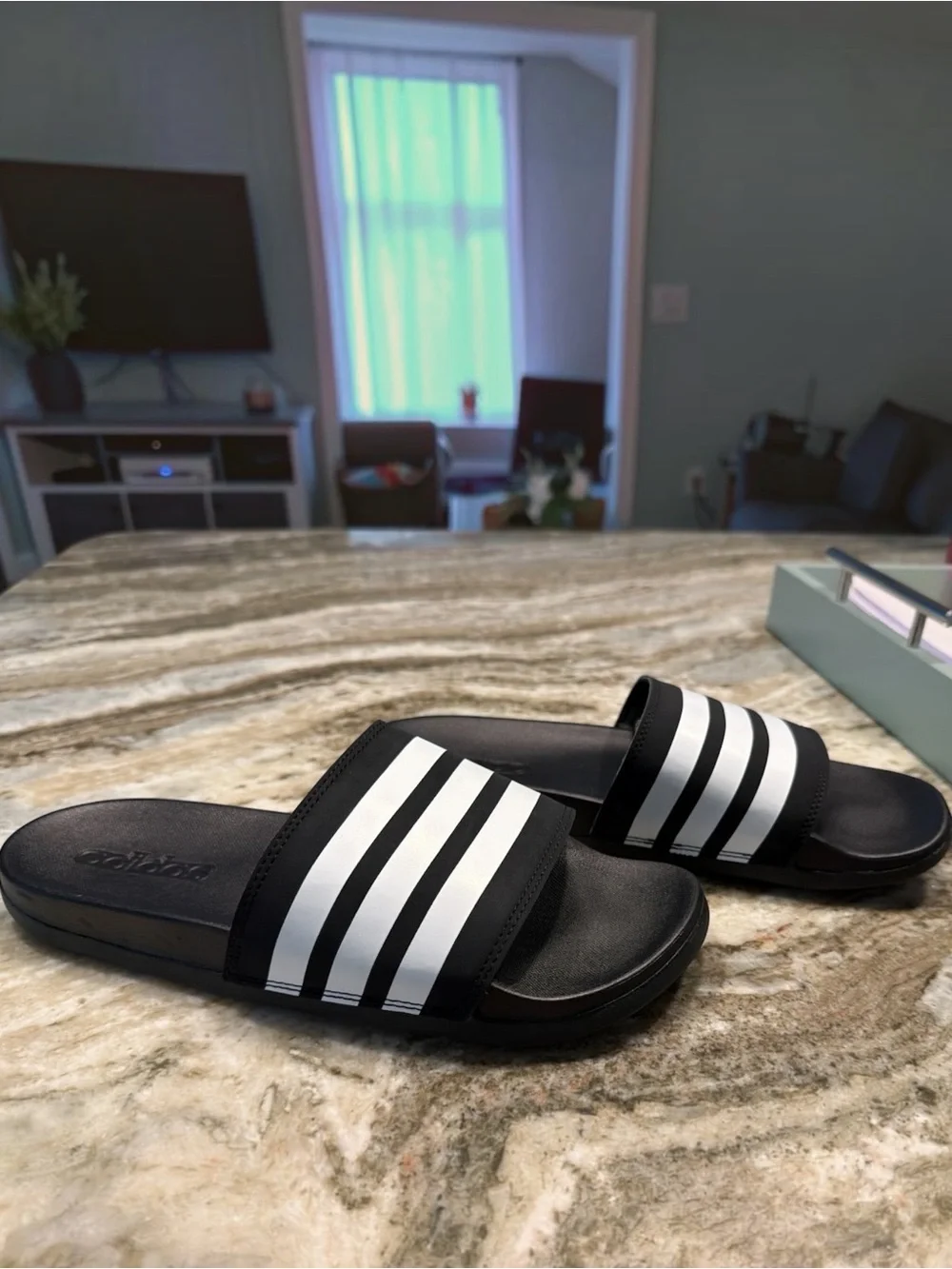 adidas Black & White Mens Slide Sandals with Triple Stripe